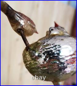 Antique German Glass Christmas Ornament 2 BIRDS and CHICKS in a NEST on CLIP