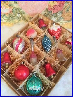 Antique Glass Feather Tree Old Vtg Xmas Ornaments Long Bells Pinecone Strawberry