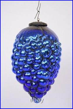 Antique Kugel Ornaments Blue Glass Grape Christmas Tree Ball Brass Cap Cobal122