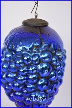 Antique Kugel Ornaments Blue Glass Grape Christmas Tree Ball Brass Cap Cobal122