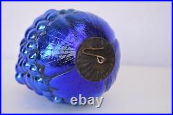 Antique Kugel Ornaments Blue Glass Grape Christmas Tree Ball Brass Cap Cobal122
