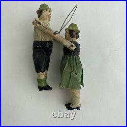 Antique Vintage Wood Christmas Tree Ornament Painted Jointed Man Woman Germany