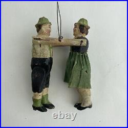 Antique Vintage Wood Christmas Tree Ornament Painted Jointed Man Woman Germany