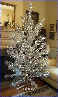 Authentic Vintage 6.5 Ft Silver Aluminum Christmas Tinsel Pom Pom Tree