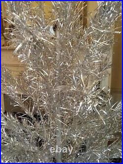 Authentic Vintage 6.5 Ft Silver Aluminum Christmas Tinsel Pom Pom Tree