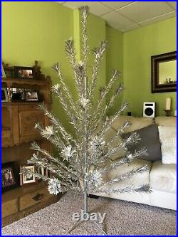 Authentic Vintage 6.5 Ft Silver Aluminum Christmas Tinsel Pom Pom Tree