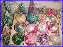 Beautiful Antique Vtg Feather Tree Poland Indents & Glitter Glass Xmas Ornaments