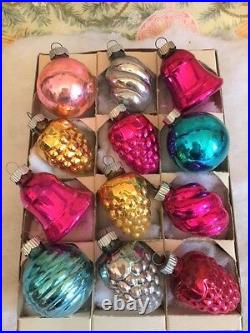 Beautiful Antique Vtg Shiny Brite Feather Tree Xmas Ornaments Grapes Swirls Bell