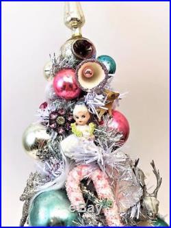 Beautiful VTG Christmas Decoration Girl Planter with Decorated Bottle Brush Tree