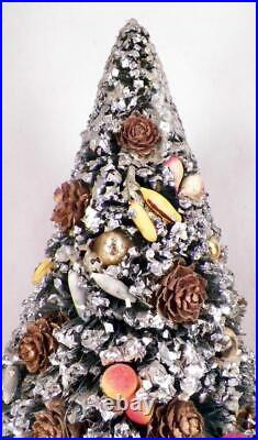 Bottle Brush Christmas Tree Mercury Glass Glitter Pine Cone Fruit 9.75in Vintage