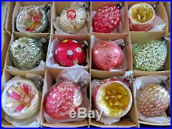 Box 12 Antique Vtg Glass Xmas Feather Tree Ornaments Bumpy Embossed PINK Germany