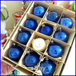 Box 12 Vtg Feather Tree Glass Xmas Ornaments 3 Japan Poland Cobalt Blue