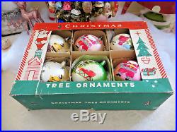 Box 6 Vtg BEST JUMBO 4 Poland Glass Xmas Tree Ornaments MICA Pink Santa Sleigh