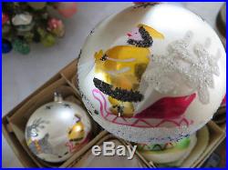 Box 6 Vtg BEST JUMBO 4 Poland Glass Xmas Tree Ornaments MICA Pink Santa Sleigh
