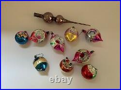 Box of 9 Vintage Glass Christmas Ornaments Indented Hand Painted with Tree Topper