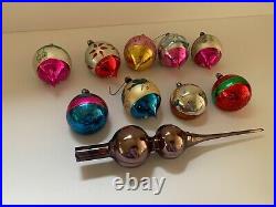 Box of 9 Vintage Glass Christmas Ornaments Indented Hand Painted with Tree Topper