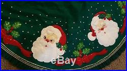 Bucilla Christmas JOLLY SANTA FACES Vintage Felt Tree Skirt Green sequins 48