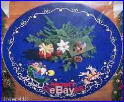 Bucilla MERRY CHRISTMAS Felt Tree Skirt Kit Dark Blue Vintage 83019 Sterilized
