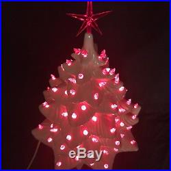 Ceramic Christmas Tree & Base 19 Glossy White with Red Lights Star Tested VTG