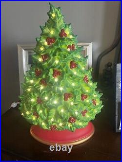 Ceramic Christmas Tree Holly, 17 Inches Tall Hand Painted, unique Vintage