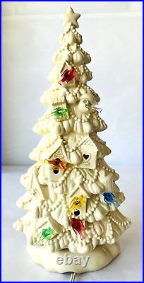 Ceramic Christmas Tree Lighted White Glaze Birdhouses Colorful Birds Vintage