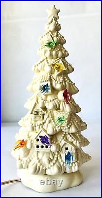 Ceramic Christmas Tree Lighted White Glaze Birdhouses Colorful Birds Vintage