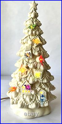 Ceramic Christmas Tree Lighted White Glaze Birdhouses Colorful Birds Vintage