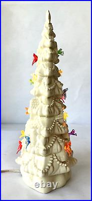 Ceramic Christmas Tree Lighted White Glaze Birdhouses Colorful Birds Vintage