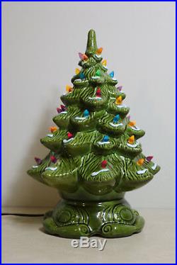 Ceramic Christmas Tree Vintage Lighted 2 Piece 16 Snow Flocked Bright Green