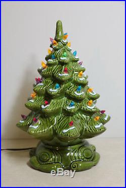 Ceramic Christmas Tree Vintage Lighted 2 Piece 16 Snow Flocked Bright Green