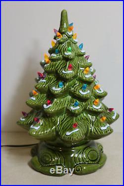 Ceramic Christmas Tree Vintage Lighted 2 Piece 16 Snow Flocked Bright Green