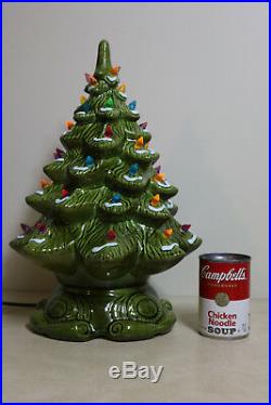 Ceramic Christmas Tree Vintage Lighted 2 Piece 16 Snow Flocked Bright Green