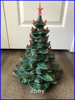 Ceramic Green Christmas Tree. Vintage 1982. 14 with Red Bulbs and LED Light