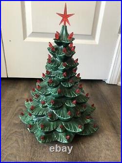 Ceramic Green Christmas Tree. Vintage 1982. 14 with Red Bulbs and LED Light