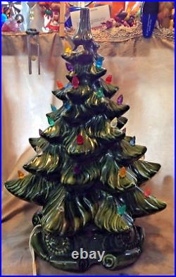 Ceramic Hand Crafted Vintage 16 In Green Table Top Christmas Tree With Lights