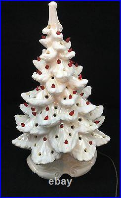 Ceramic Tree Frosted White Christmas 17 With Base Red Lights Vintage