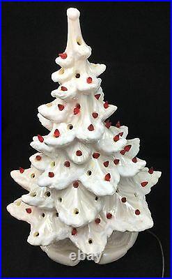 Ceramic Tree Frosted White Christmas 17 With Base Red Lights Vintage