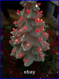Ceramic Tree Frosted White Christmas 17 With Base Red Lights Vintage With Skirt