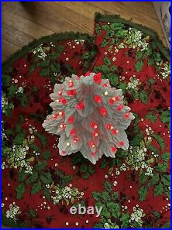 Ceramic Tree Frosted White Christmas 17 With Base Red Lights Vintage With Skirt