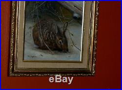 Christmas Gift Bunny Rabbit Food Tree Winter Snow Vintage Original Oil Painting