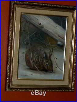 Christmas Gift Bunny Rabbit Food Tree Winter Snow Vintage Original Oil Painting