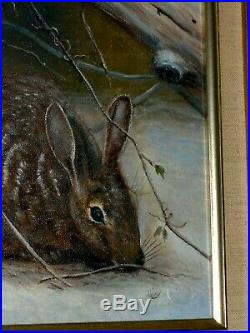 Christmas Gift Bunny Rabbit Food Tree Winter Snow Vintage Original Oil Painting