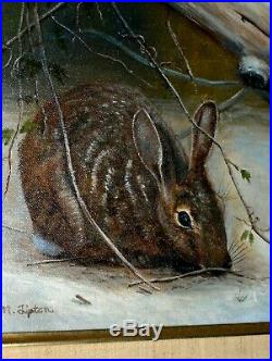 Christmas Gift Bunny Rabbit Food Tree Winter Snow Vintage Original Oil Painting