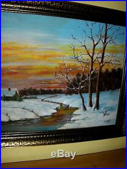 Christmas Gift Dvorak Cabin Tree Stream Snow Winter Sunset Landscpe VTG Painting