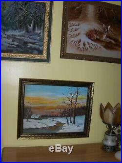 Christmas Gift Dvorak Cabin Tree Stream Snow Winter Sunset Landscpe VTG Painting