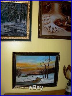 Christmas Gift Dvorak Cabin Tree Stream Snow Winter Sunset Landscpe VTG Painting