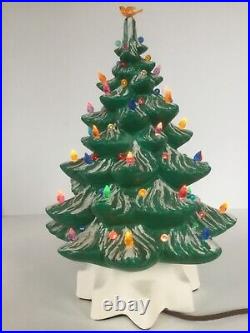 Christmas Tree 2 Part Artificial Ceramic 13 Matte Green Snow Bulbs Bird Top Vtg