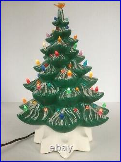 Christmas Tree 2 Part Artificial Ceramic 13 Matte Green Snow Bulbs Bird Top Vtg