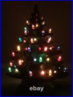 Christmas Tree 2 Part Artificial Ceramic 13 Matte Green Snow Bulbs Bird Top Vtg