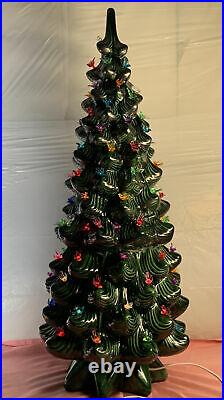 Christmas Tree 32 Tall Total With Base and Light Bulb Green Ceramic Vintage